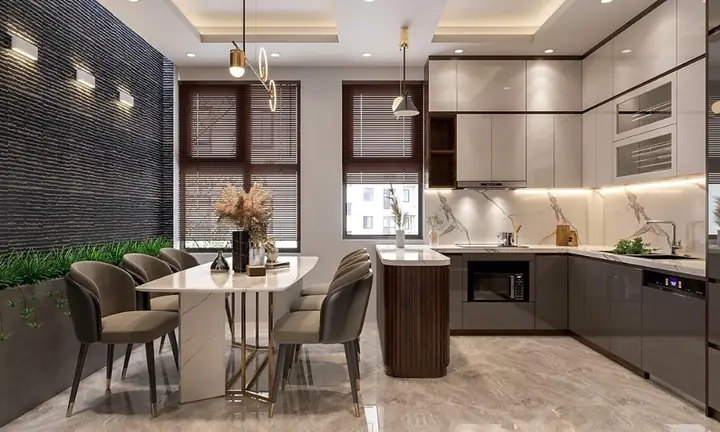 Tủ bếp treo chữ L màu gỗ xen trắng