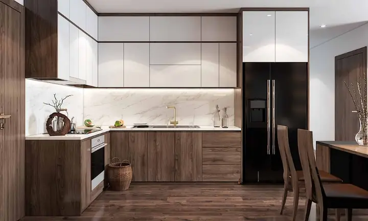 Tủ bếp treo chữ L màu gỗ xen trắng