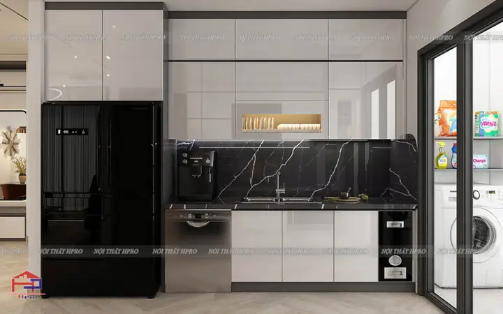 1. Thiết kế tủ bếp acrylic đẹp TBAC203 nhà anh Nam chữ i song song
