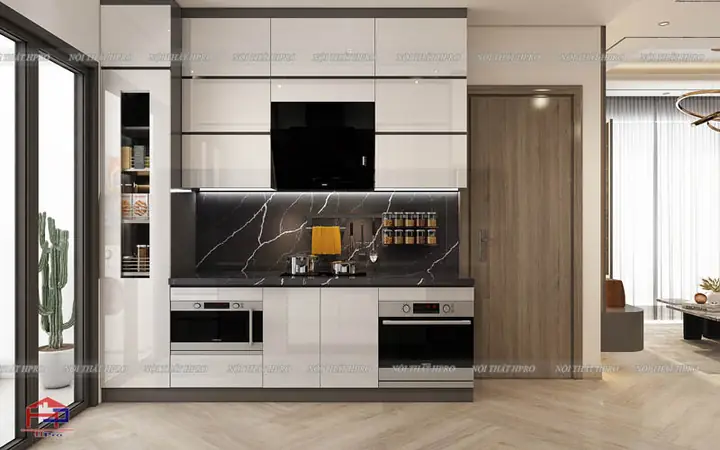 1. Thiết kế tủ bếp acrylic đẹp TBAC203 nhà anh Nam chữ i song song
