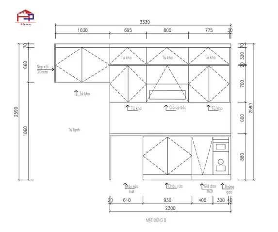 1. Thiết kế tủ bếp acrylic đẹp TBAC203 nhà anh Nam chữ i song song