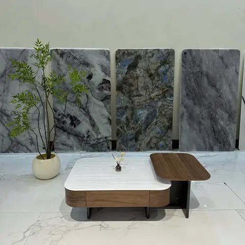 Bàn Trà Đôi Mặt Đá Gỗ Veneer Óc Chó – Kết Hợp Bàn Phụ Hiện Đại, Nhập Khẩu Cao Cấp
