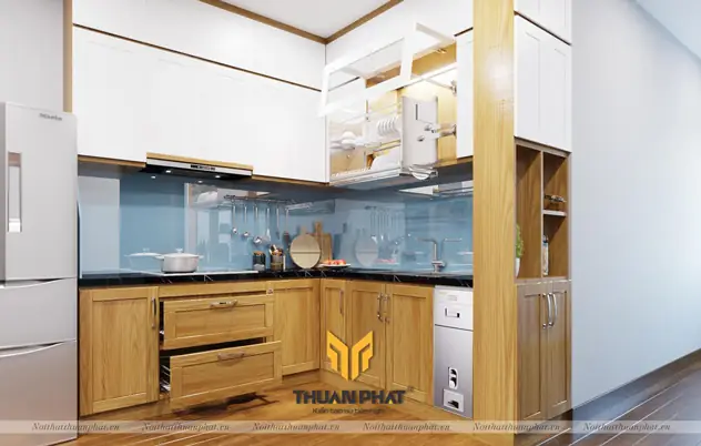 1. Tủ bếp gỗ Sồi Nga phun PU, cánh trên phun sơn Inchem trắng sứ