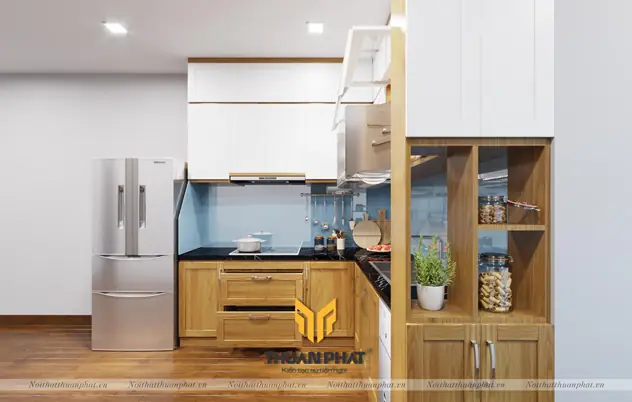 1. Tủ bếp gỗ Sồi Nga phun PU, cánh trên phun sơn Inchem trắng sứ