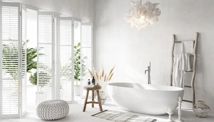 Một chiếc gương thủ công tô điểm cho khu vực phía trên một đơn vị vanity bê tông trắng.