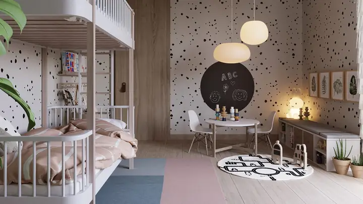Một chiếc gương thủ công tô điểm cho khu vực phía trên một đơn vị vanity bê tông trắng.
