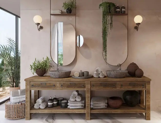 Một chiếc gương thủ công tô điểm cho khu vực phía trên một đơn vị vanity bê tông trắng.