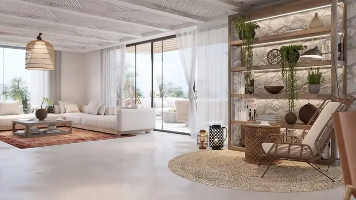 Một chiếc gương thủ công tô điểm cho khu vực phía trên một đơn vị vanity bê tông trắng.