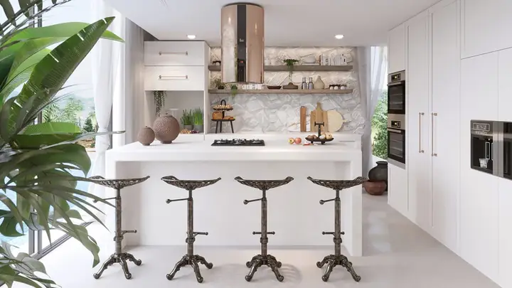 Một chiếc gương thủ công tô điểm cho khu vực phía trên một đơn vị vanity bê tông trắng.