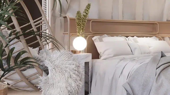 Một chiếc gương thủ công tô điểm cho khu vực phía trên một đơn vị vanity bê tông trắng.