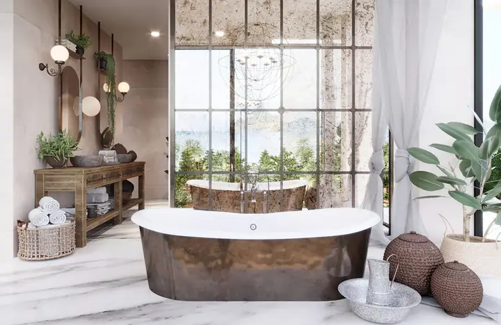 Một chiếc gương thủ công tô điểm cho khu vực phía trên một đơn vị vanity bê tông trắng.