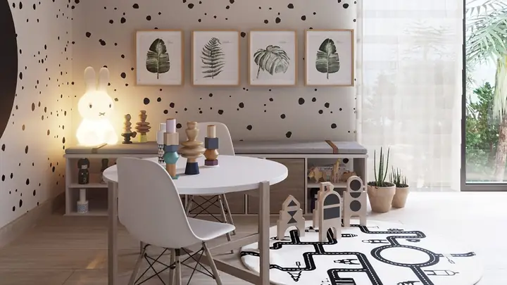 Một chiếc gương thủ công tô điểm cho khu vực phía trên một đơn vị vanity bê tông trắng.