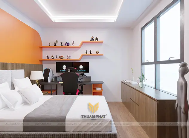 2. Nội thất phòng ngủ con trai tone vân gỗ kết hợp cam cá tính
