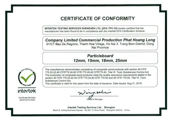 Chứng nhận CARB-P2 về giảm phát thải Formaldehyde trong sản phẩm gỗ