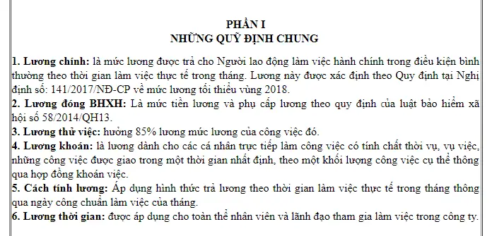 b. Nội dung mẫu quy chế tiền lương trong doanh nghiệp