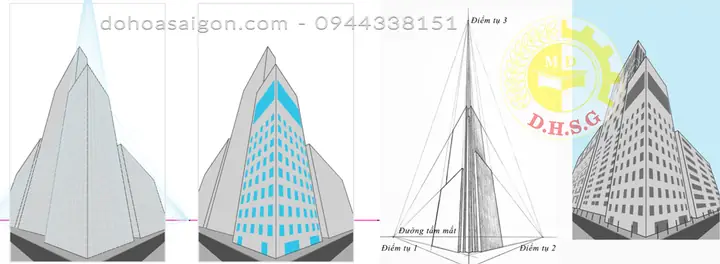 3. Góc nhìn 3 điểm tụ (Three-point Perspective)