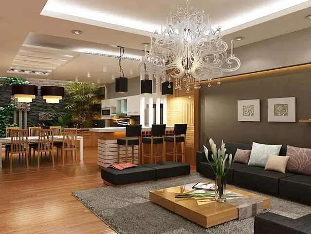 3. Sàn gỗ tối màu kết hợp với đồ nội thất nhiều màu sắc