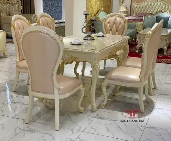 Chi tiết sản phẩm Bộ bàn ăn chữ nhật 6 ghế tân cổ điển dát vàng nhập khẩu D501-DV: