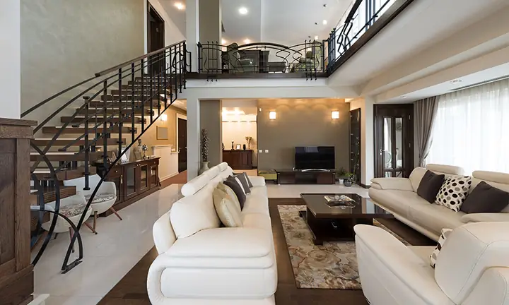 Mẫu nội thất trong phòng khách đẹp có cầu thang Mẫu nội thất trong phòng khách đẹp có cầu thang