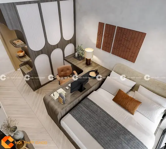 Thi công nội thất phòng ngủ với bàn làm việc chữ L tiện dụng
