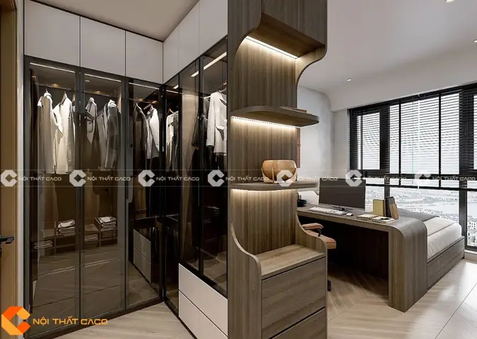 Thi công nội thất phòng ngủ với tủ quần áo MDF với họa tiết vòm độc đáo
