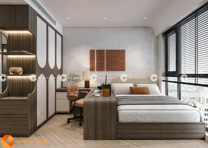 Thi công nội thất phòng ngủ với giường ngủ hiện đại tiện nghi