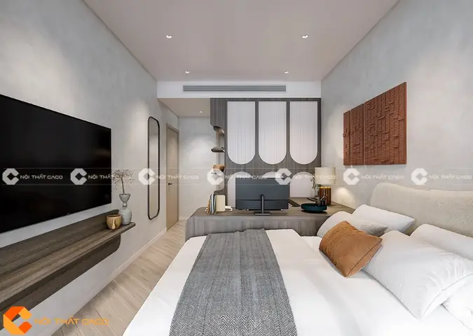 Thi công nội thất phòng ngủ với giường ngủ hiện đại tiện nghi