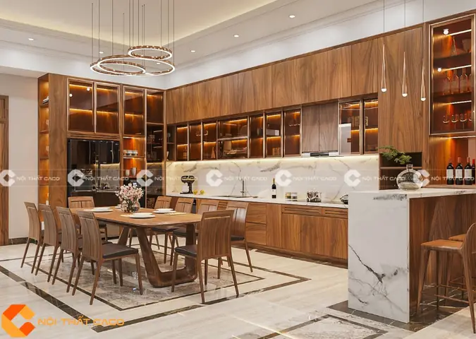 Thi công nội thất bếp với hệ tủ bếp gỗ tự nhiên luxury