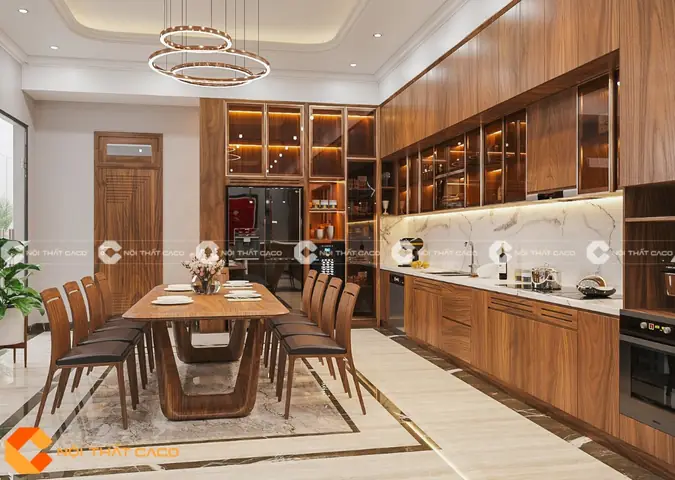 Thi công nội thất bếp với hệ tủ bếp gỗ tự nhiên luxury