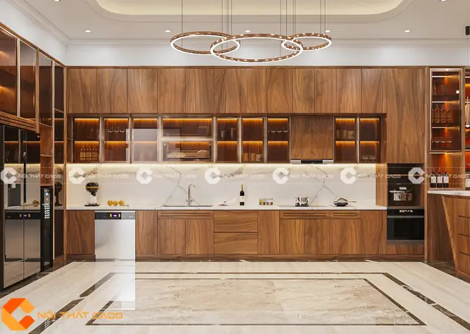 Thi công nội thất bếp với hệ tủ bếp gỗ tự nhiên luxury