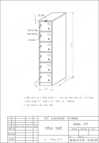 Bản Vẽ Kỹ Thuật Tủ Locker 6 Ngăn Tu986