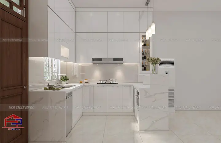 Mẫu Tủ Bếp Acrylic Tbac87 Kèm Quầy Bar Sang Trọng Nhà Anh Long Thiết Kế Hiện Đại, Tiện Nghi