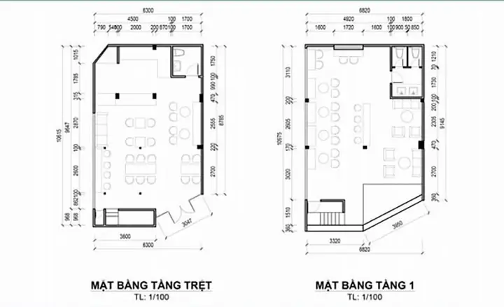 Bản Vẽ Mặt Bằng Quán Cafe 2 Tầng