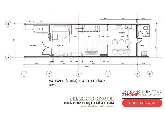Mặt Bằng Bố Trí Nội Thất Nhà Phố Lệch Tầng 1 Trệt 1 Lầu 1 Tum