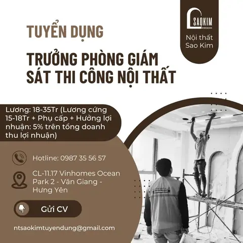 Tuyển Trưởng Phòng Kỹ Thuật Giám Sát Thi Công Nội Thất