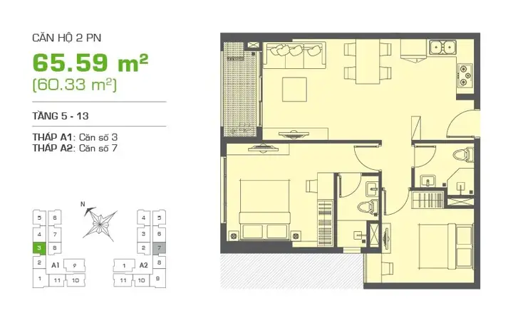 Mẫu Thiết Kế Nội Thất Căn Hộ 65m2 2 Phòng Ngủ